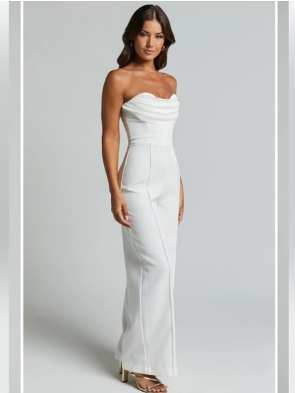 Showpo. Stacey White Strapless Cowl Wide-Leg Jumpsuit In Off White Size 14 New - Picture 2 of 8